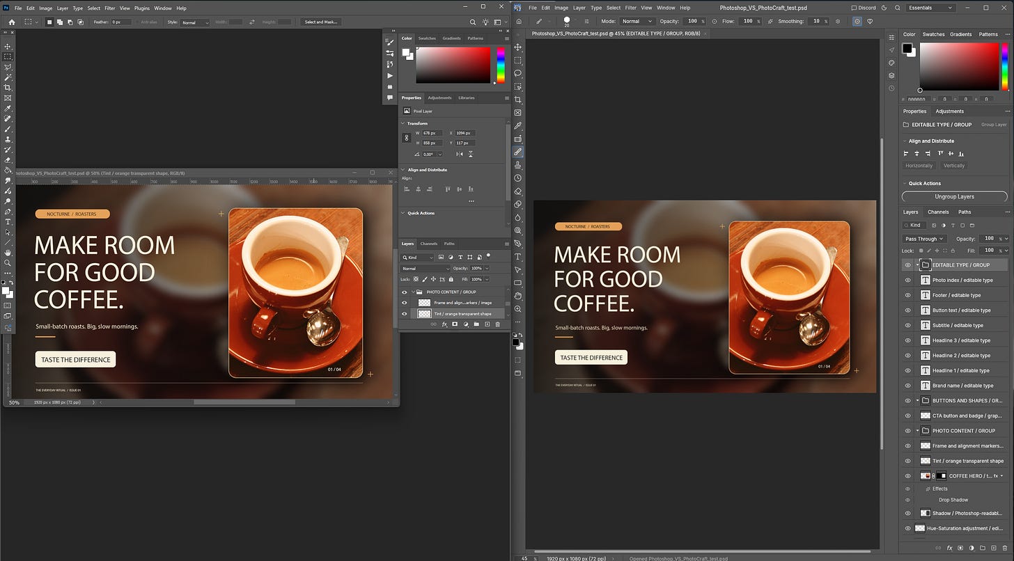 PhotoCraft and Adobe Photoshop displaying the same layered PSD file.