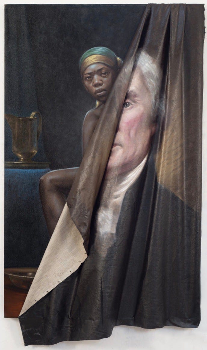 A large portrait painting of an eighteenth century white man in formal shirt and dark suit; however, the painting creates the illusion that the fabric of the portrait is being pulled aside to reveal the partially dressed figure of a young enslaved Black girl who stares directly at the viewer with a sad look. A large portrait painting of an eighteenth century white man in formal shirt and dark suit; however, the painting creates the illusion that the fabric of the portrait is being pulled aside to reveal the partially dressed figure of a young enslaved Black girl who stares directly at the viewer with a sad look.