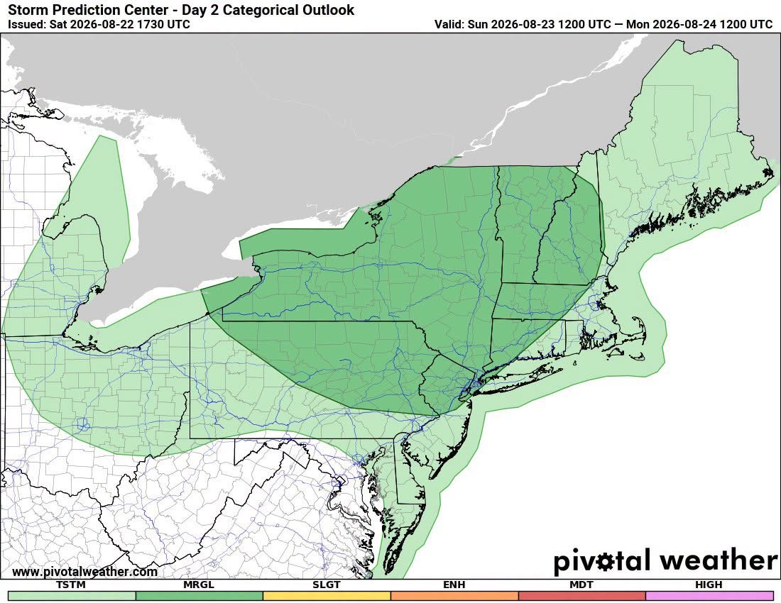 May be a graphic of map and text that says 'Storm Prediction Center Day 2 Categorical Outlook Issued: Sat 2026-08-22 22 1730 UTC Valid: Sun 2026- 2026-08-23 8-23 1200 UTC- Mon 2026-08-24 1200 TC www. www.pivotalweather.com TSTM MRGL SLGT ENH piv#tal weather MDT HIGH'