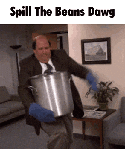 a man in a suit and tie is holding a large pot that says spill the beans dawg on the bottom