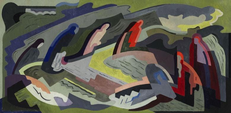 Cubist painting of a procession of figures in grey, red, pink and blue.