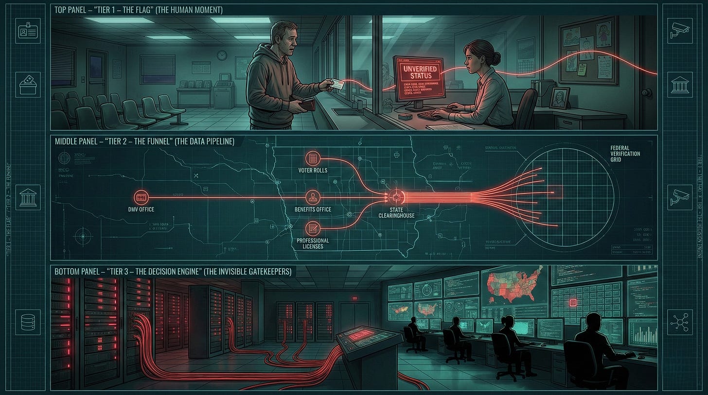 Three-panel diagram showing: (top) a man at a DMV counter being told his status is “unverified”; (middle) a map view where his data flows from DMV, voter rolls, benefits office and professional licensing into a central “state clearinghouse” and then into a circular “federal verification grid”; (bottom) a dark control room full of servers and analysts watching red-flagged identities on large screens.