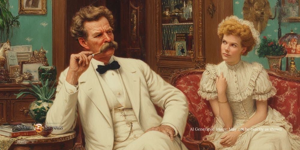 Mark Twain in a Victorian parlor sneaking a cigar as his wife looks disapproving.