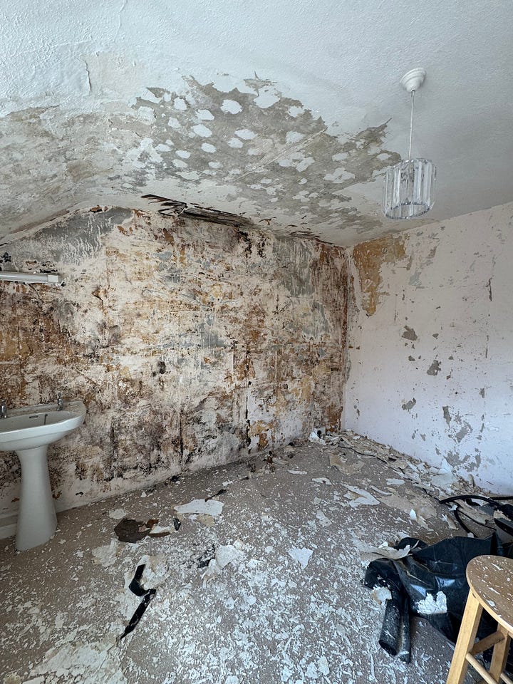 A bedroom in 5 photos - progress pictures of taking off rotten woodchip wallpaper, scraping the walls and ripping up the carpet. 