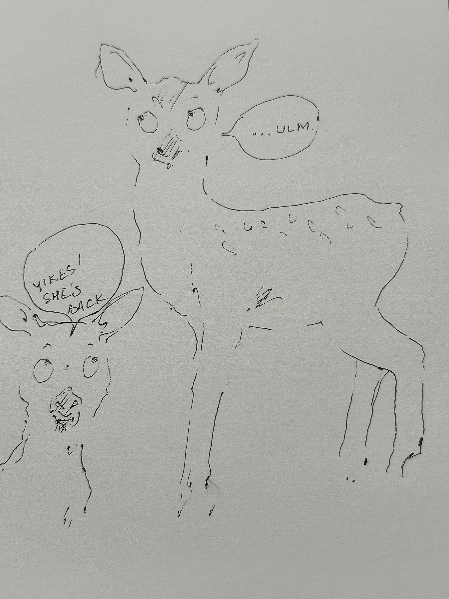 sketch of two deer looking surprised and muttering to each other