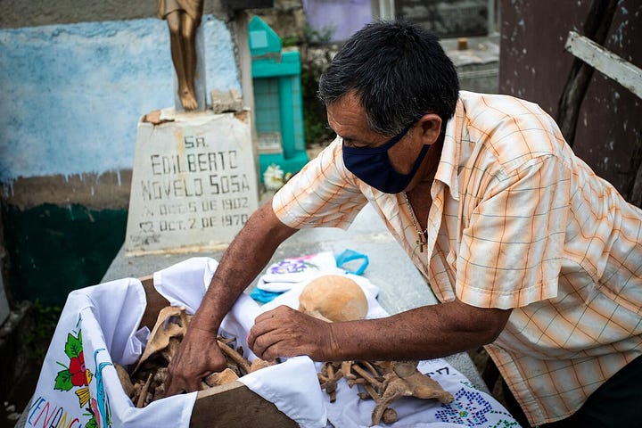 don venancio, poomuch resident, introducing the local dia de muertos tradition, when people clean and display the remains of their dead belooved ones.