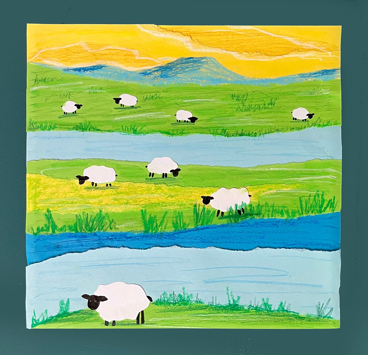a square canvas collaged with yellow, green and blue strips with blue mountains drawn in the background and eight sheep grazing at different distances a square canvas collaged with yellow, green and blue strips with blue mountains drawn in the background and eight sheep grazing at different distances