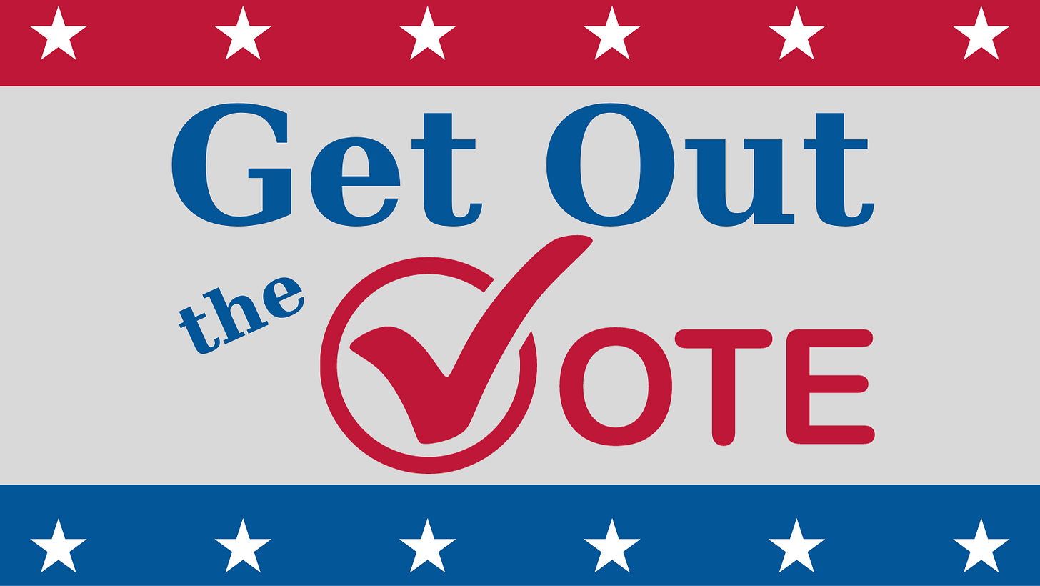Get Out the Vote in blue and red text on a gray to white background with a red bar with white stars along the top and blue bar with white stars along the bottom Get Out the Vote in blue and red text on a gray to white background with a red bar with white stars along the top and blue bar with white stars along the bottom