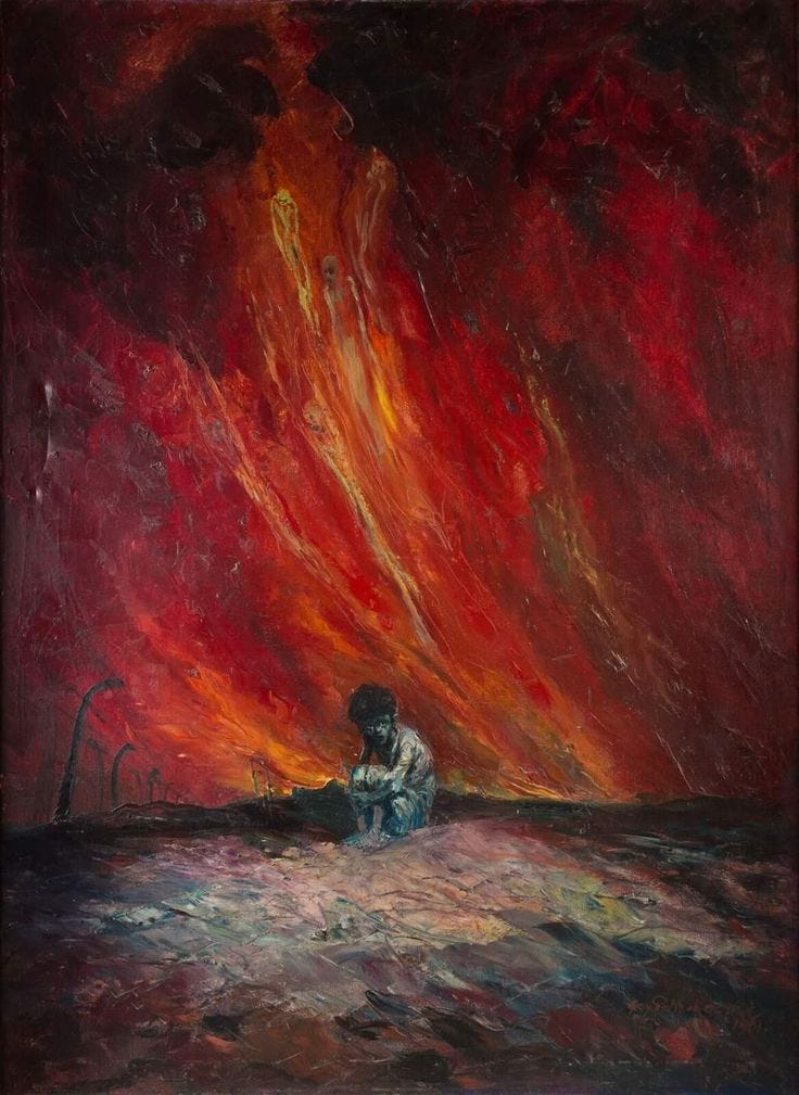 This may contain: an oil painting of a man sitting on the ground in front of a red sky This may contain: an oil painting of a man sitting on the ground in front of a red sky