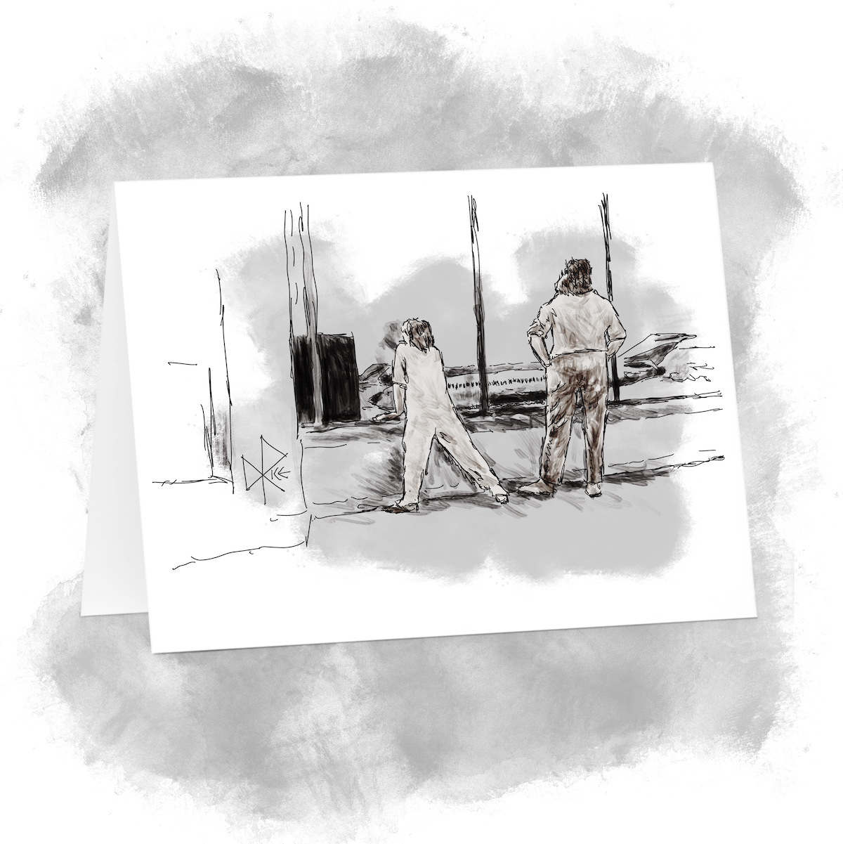 A woman and a young girl stand facing the large airport windows, looking out on the planes rolling toward and away from the terminal’s gates. Sketch art by Don Rice. A woman and a young girl stand facing the large airport windows, looking out on the planes rolling toward and away from the terminal’s gates. Sketch art by Don Rice.