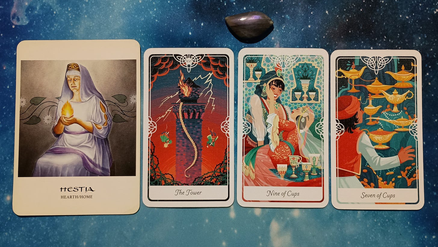 Full Moon Pick-a-Card Tarot Reading for July 2025, Pile 1, flame-shaped Labradorite crystal, and 4 cards, face up