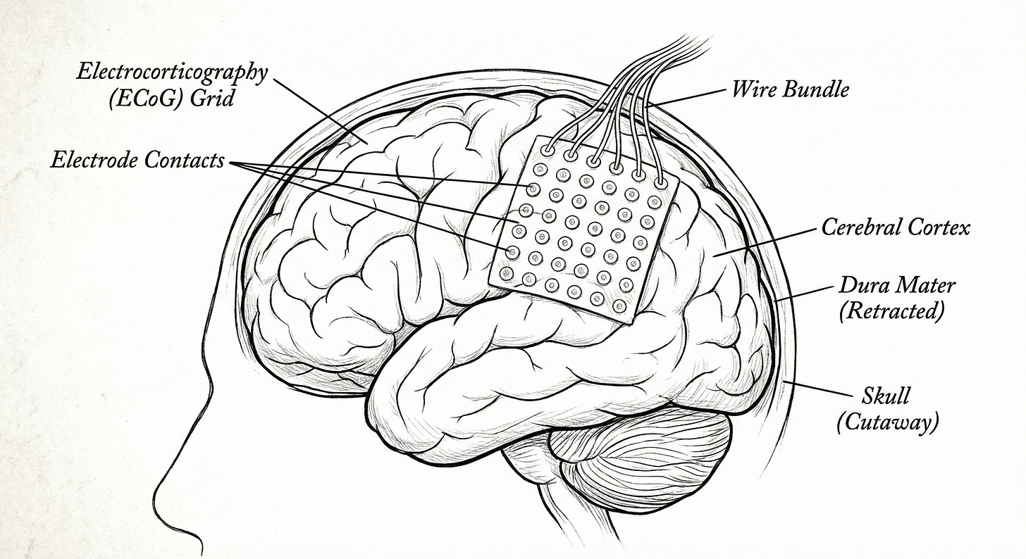 Grayscale sketch illustration of an ECoG electrode grid on the brain.