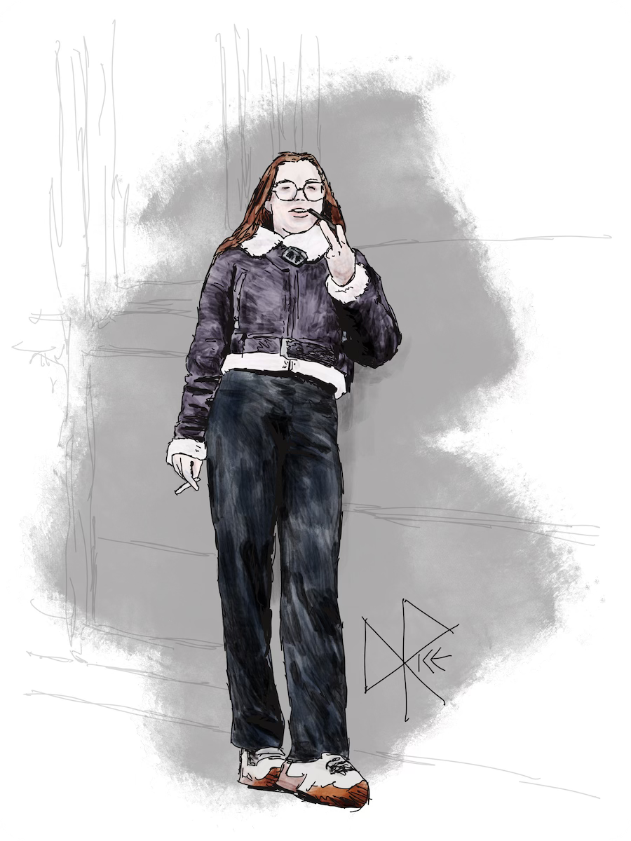 Wearing a bomber jacket, a woman stands outdoors and leans her shoulder against a wall as she holds a cigarette in one hand and her phone in the other. Sketch art by Don Rice.