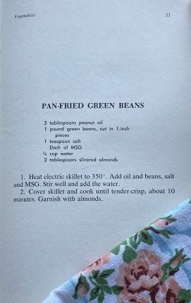 Recipe for Pan-Fried Green Beans, lower right corner a floral cloth table napkin Recipe for Pan-Fried Green Beans, lower right corner a floral cloth table napkin