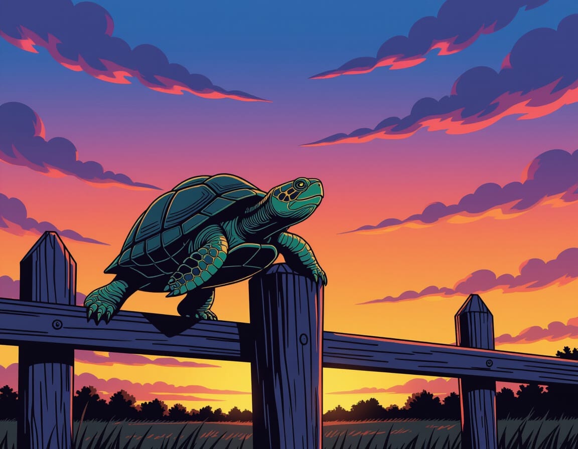 turtle on a fence against a sunset