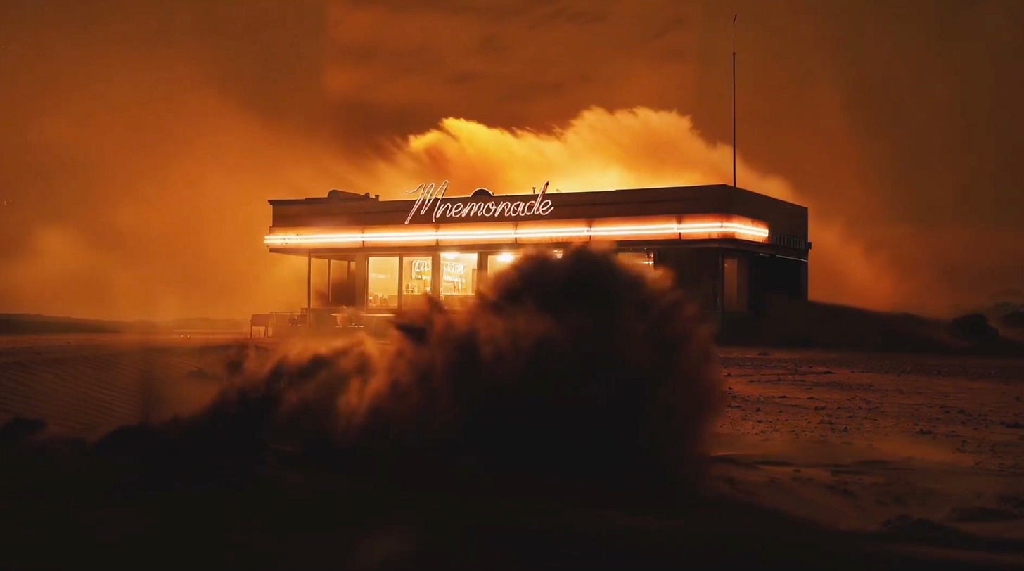 A still of a diner from MetaPuppet's ai film Mnemonade