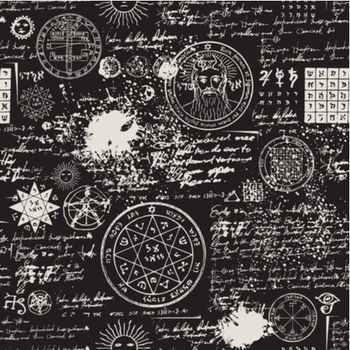 Alchemical symbols and sketches as though on old parchment Alchemical symbols and sketches as though on old parchment