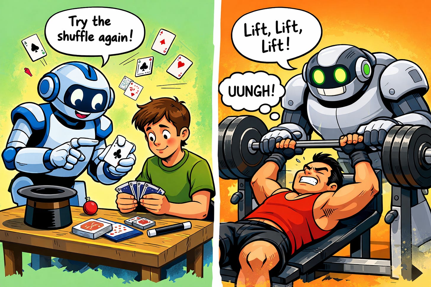 an image of a robot helping someone learning card magic and another robot helping someone do a bench press.