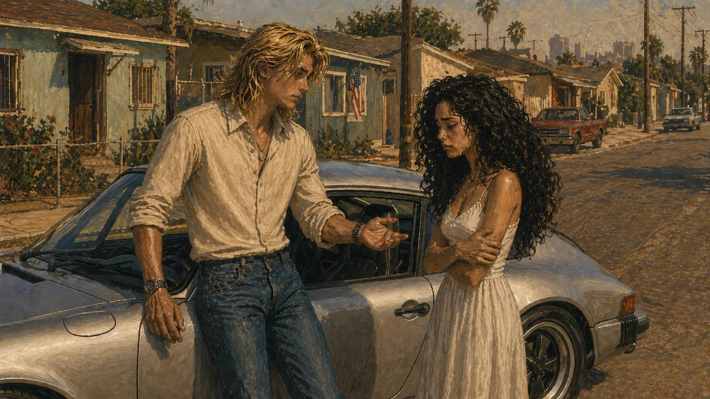 Young man stands beside a car with his hand extended toward a young woman who faces him with crossed arms and a guarded expression.