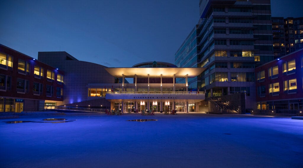 Kitchener City Hall's Carl Zehr Square lit up in blue in honour of World Press Freedom Day Kitchener City Hall's Carl Zehr Square lit up in blue in honour of World Press Freedom Day