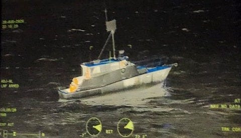 The operator of this pleasure craft radioed for assistance after running out of food, fuel, and water and becoming adrift in rough seas far offshore of California on August 28, 2026. (US Coast Guard photo)