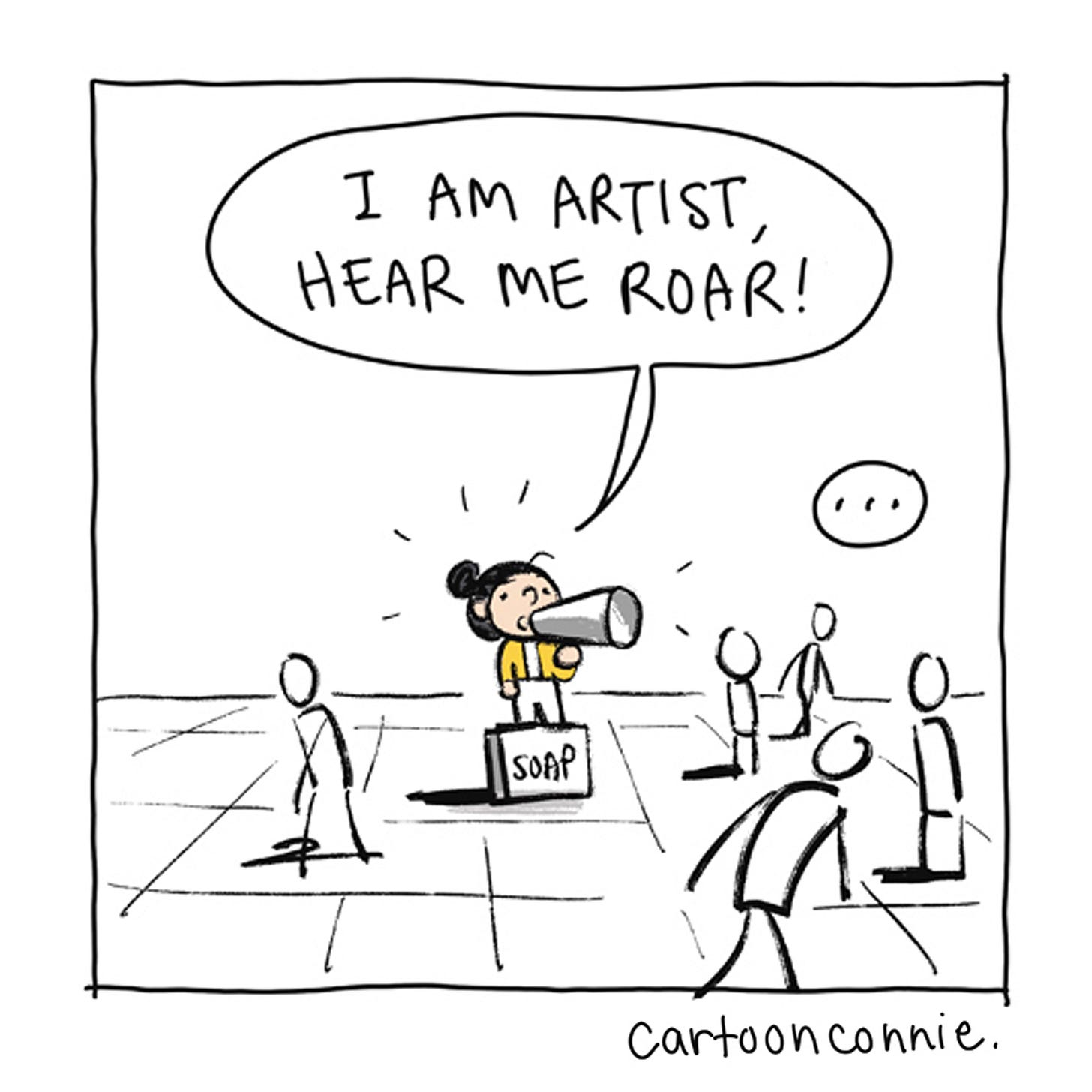 Panel 4/12 of a 2-page comic strip about an artist's relationship with the internet and social media over decades of making art online. Titled "Internet Artist," 2026, original art by Connie Sun, cartoonconnie. Panel 4/12 of a 2-page comic strip about an artist's relationship with the internet and social media over decades of making art online. Titled "Internet Artist," 2026, original art by Connie Sun, cartoonconnie.