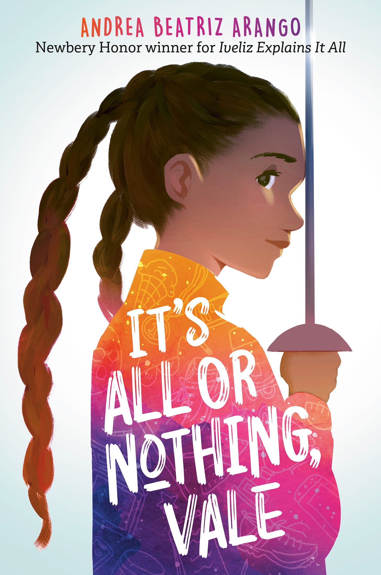 cover of It's All Or Nothing, Vale which shows a Latina girl with two box braids standing in profile holding her epee sword