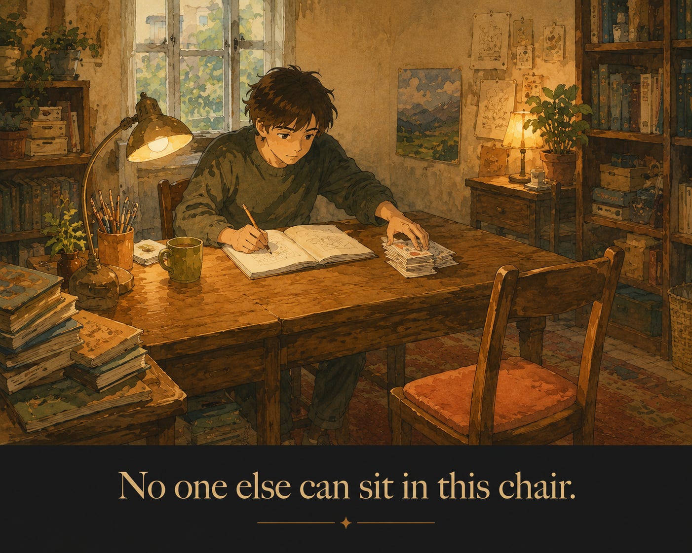 Founder thinking alone at a desk beside an empty chair.