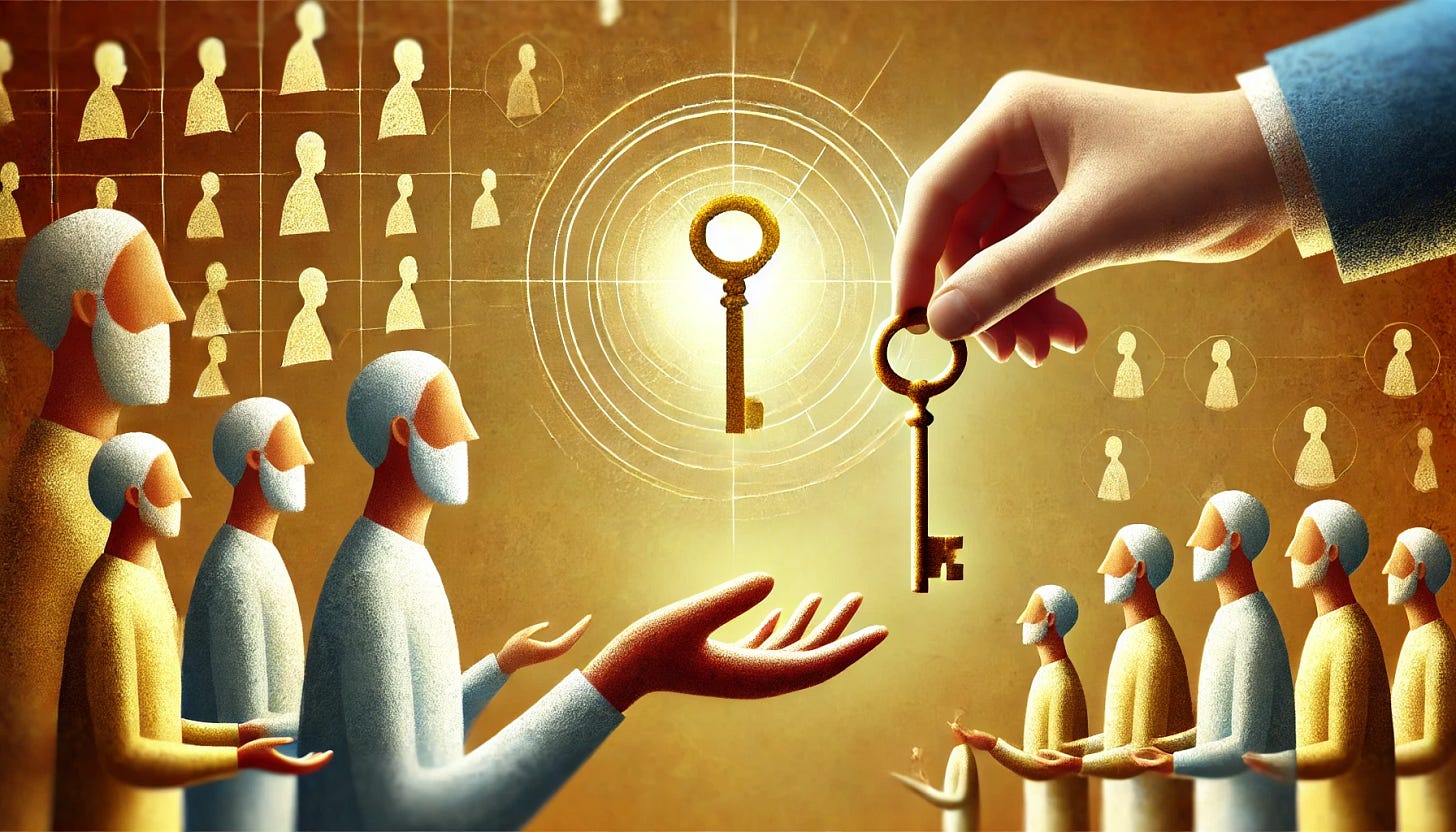 A conceptual digital illustration representing selective charity. The image features a person thoughtfully handing a golden key to another person, symbolizing careful generosity. In the background, several outstretched hands are visible but remain empty, representing those who are not chosen. The scene is set in a neutral, slightly abstract environment with a warm and contemplative tone. The composition emphasizes discernment in giving without depicting monetary symbols.