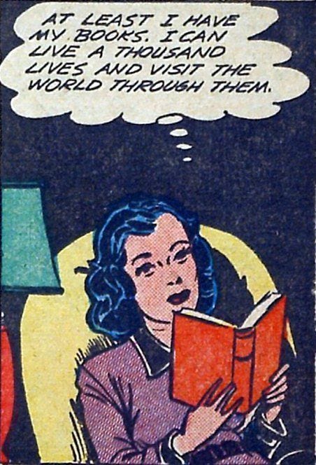 This may contain: a woman reading a book with a thought bubble above her head