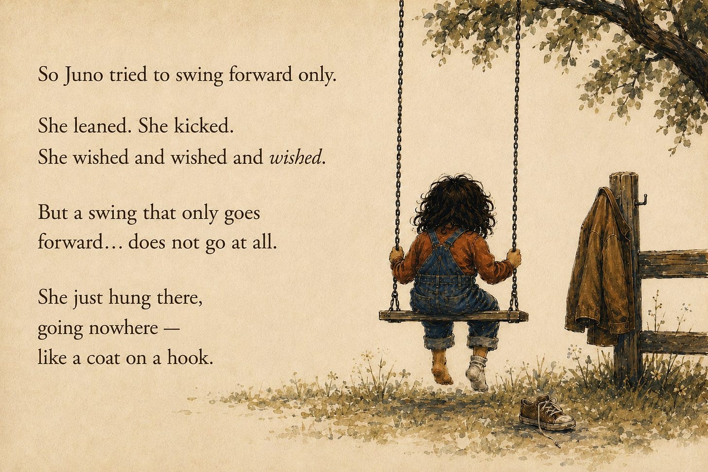 So Juno tried to swing forward only. She leaned. She kicked. She wished and wished and wished. But a swing that only goes forward does not go at all. She just hung there, going nowhere, like a coat on a hook. Juno sits motionless on the still swing beside a fence with a hanging coat.