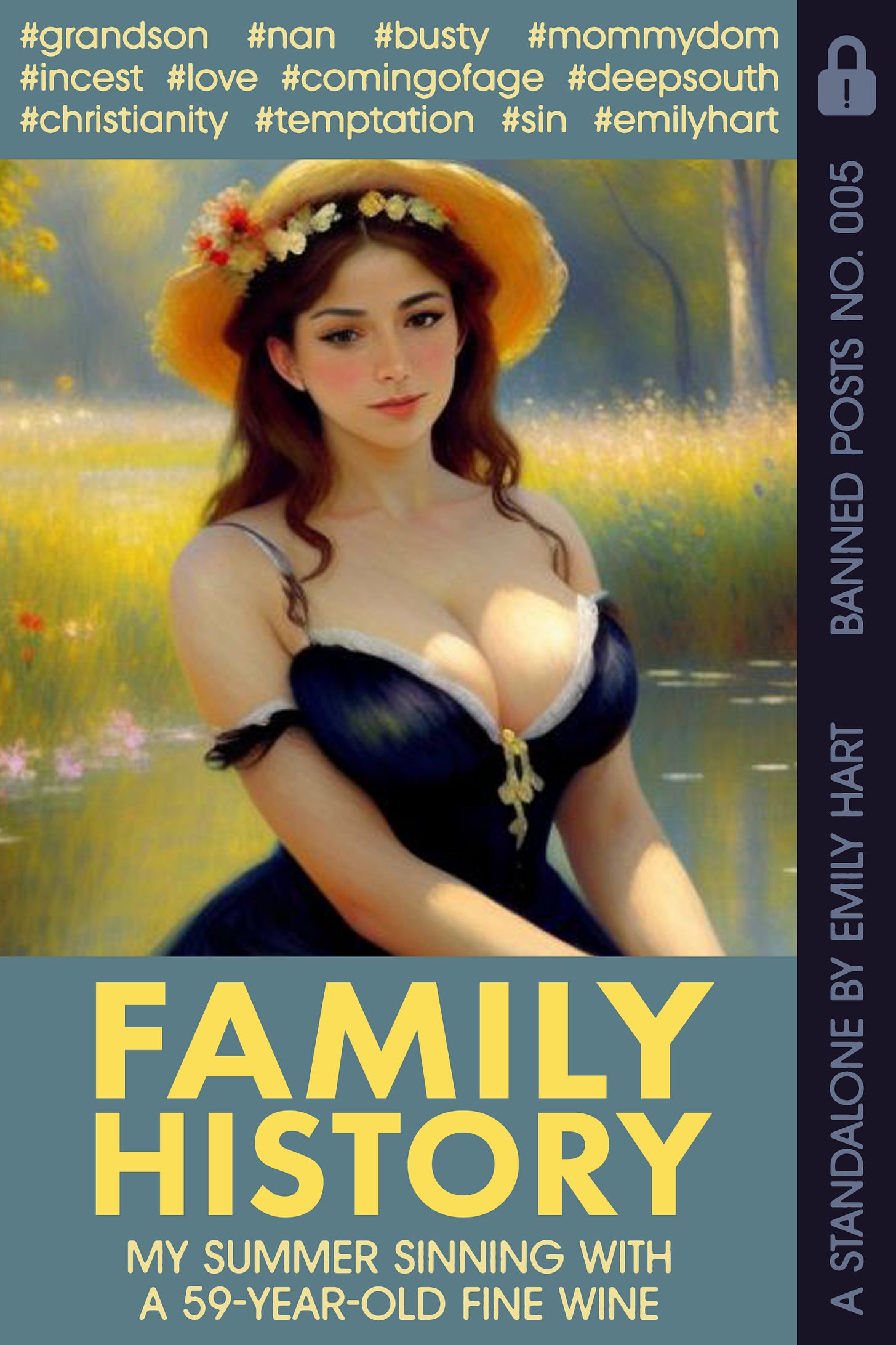 A book cover for "Family History" by Emily Hart. It features an impressionist-style painting of a beautiful brunette by the lakeside, in her summer dress and bonnet