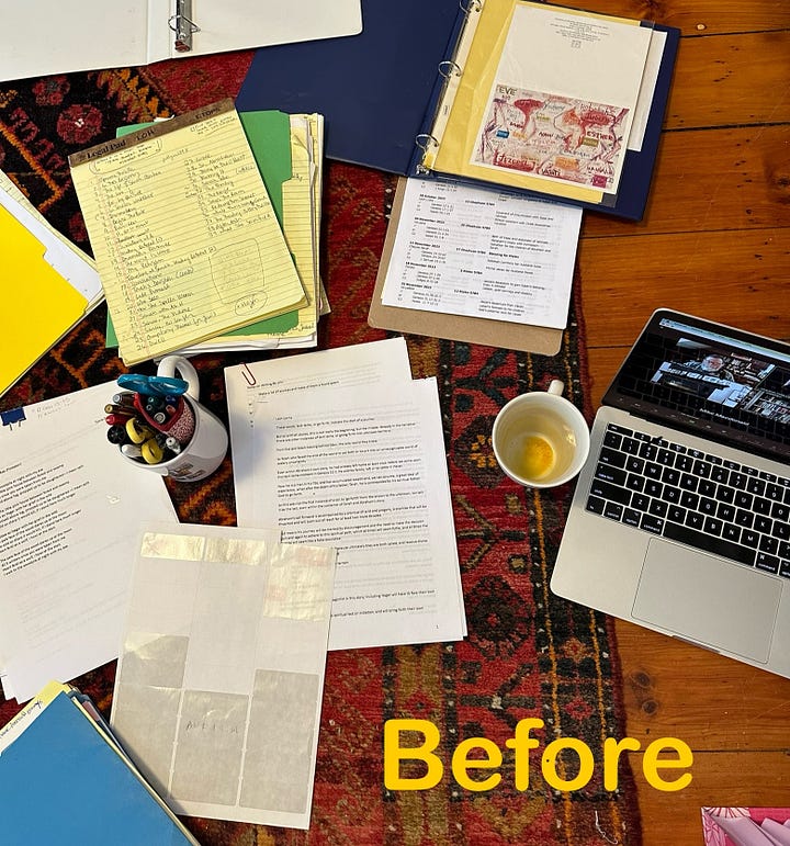 Chaos of poetry drafts and files before, and tidy after.