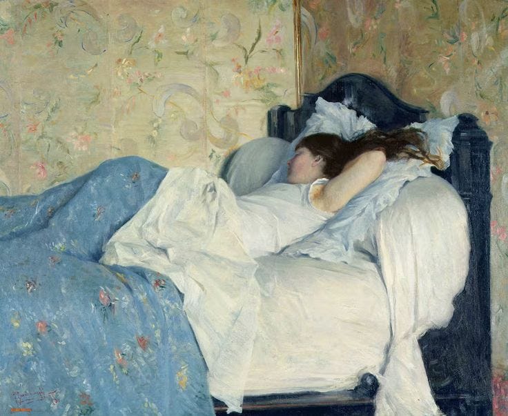 This may contain: a painting of a woman laying in bed with her head resting on the pillow,