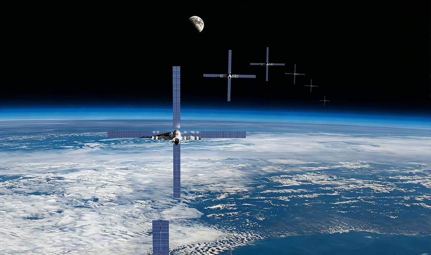 A render of several orbital computing spacecraft in sun-synchronous orbit as part of the Ālaya constellation. A render of several orbital computing spacecraft in sun-synchronous orbit as part of the Ālaya constellation.