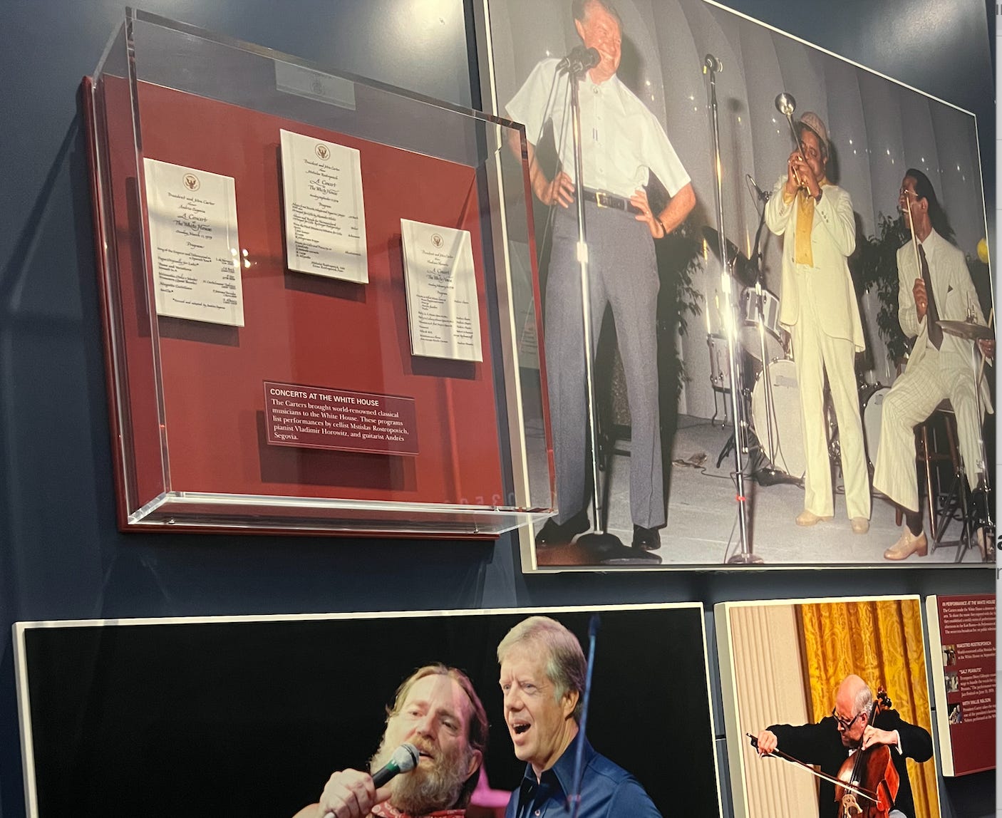 Several pictures of President Carter: (1) Carter singing with the country music legend Willie Nelson, (2) Carter with his hands on his hips singing with Jazz artist Dizzy Gillespiec