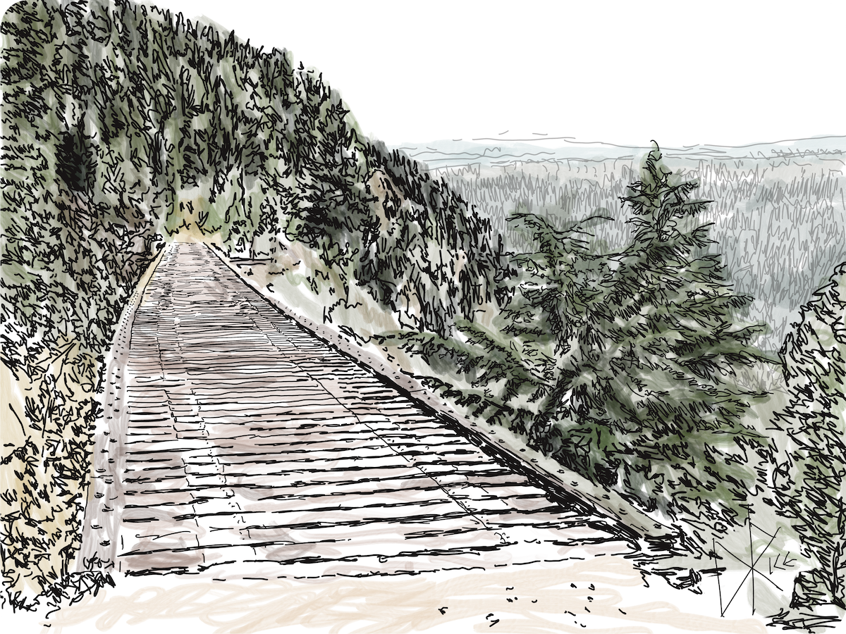 Seated at one end of an old bridge in British Columbia, looking along the bridge to the opposite side. Sketch art by Don Rice. Seated at one end of an old bridge in British Columbia, looking along the bridge to the opposite side. Sketch art by Don Rice.