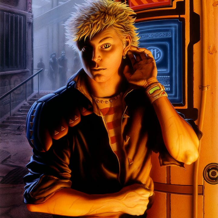 LEFT: Detail from CATSPAW featuring the protagonist brightly lit in front of a display screen. Over his shoulder, the view out of the alley reveals a futuristic city street where people are strolling by. RIGHT: Close detail from CATSPAW featuring the protagonist probing the skin just behind his ear. His irises are vibrant green with pupils spilt down the center like a cat's eyes.