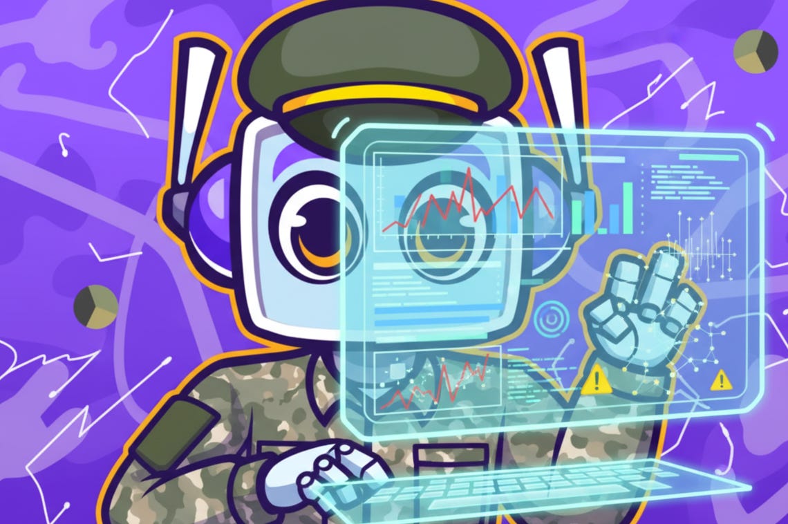 A robotic character, Neuralbuddy, in a military-style uniform, is shown interacting with a transparent holographic screen displaying graphs and data related to adversarial attack simulation results. The background is a purple gradient with abstract shapes and lines.