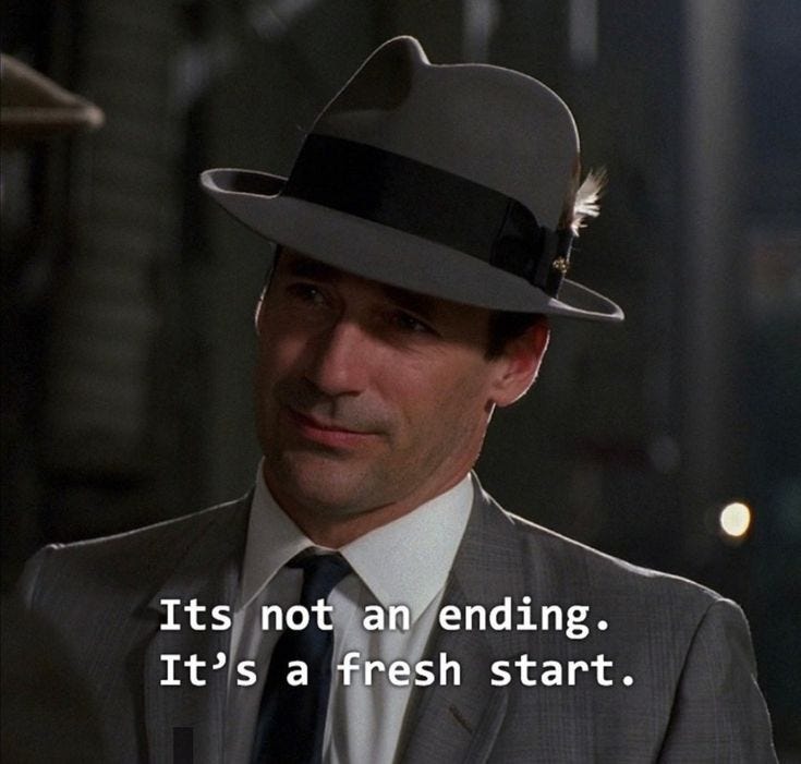 This may contain: a man in a suit and hat with a quote on it that reads, it's not an ending it's a fresh start