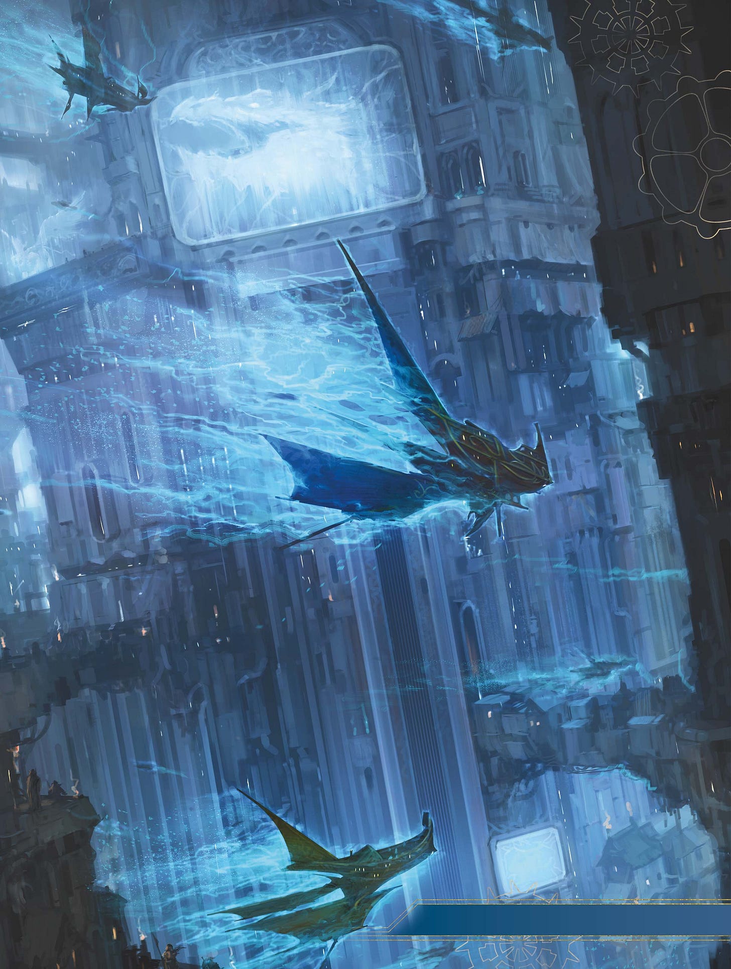 AN ILLUSORY DRAGON ROARS AS FLYING SHIPS ZOOM AMONG THE SKYSCRAPERS OF SHARN AT NIGHT