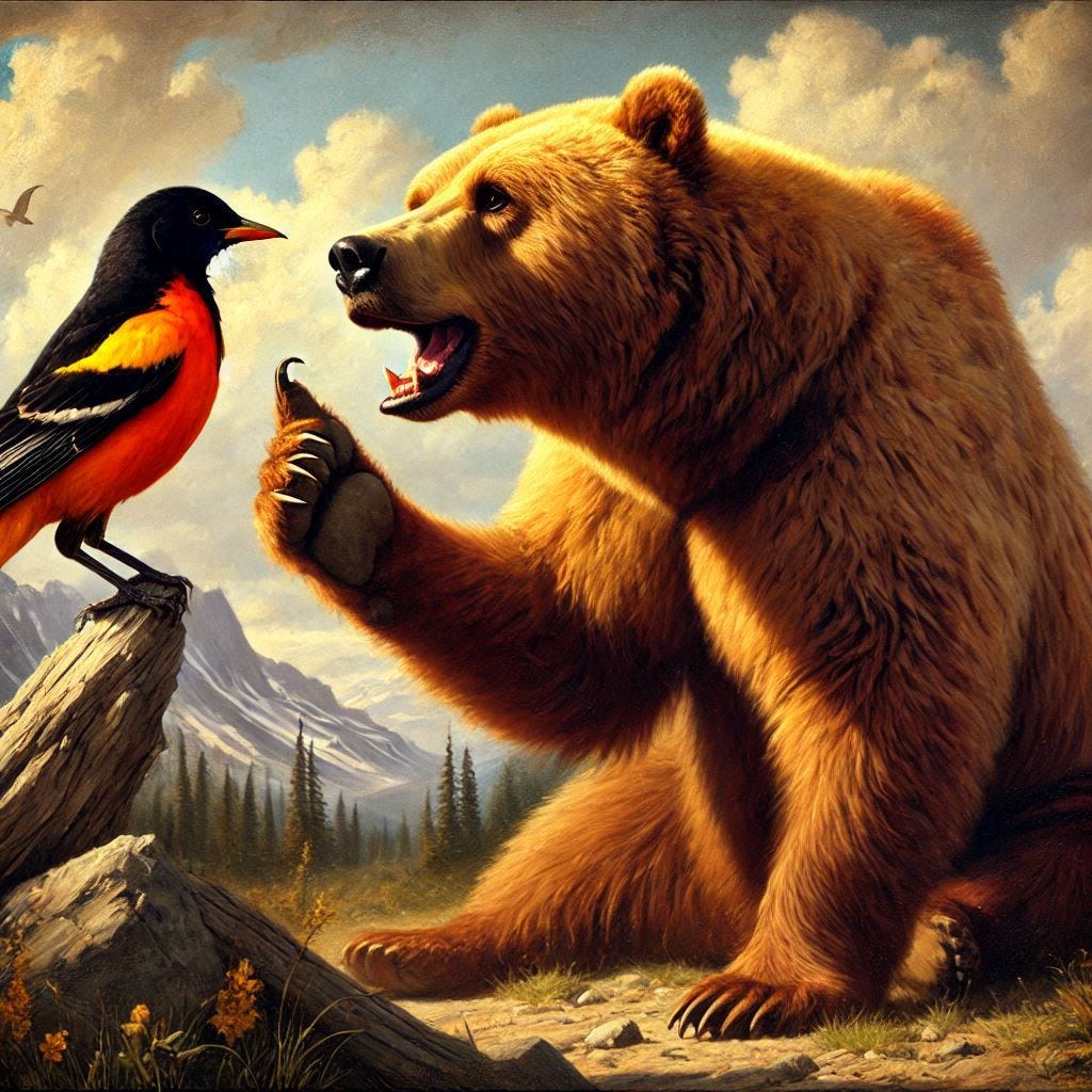 an oriole arguing with a grizzly bear in the style of albert bierstadt