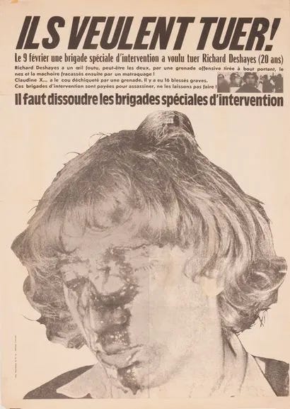 Cartel en blanco y negro del periódico maoísta Tout! de 1971, con el rostro gravemente herido de Richard Deshayes y el título “Ils veulent tuer!” (Quieren matar) Cartel en blanco y negro del periódico maoísta Tout! de 1971, con el rostro gravemente herido de Richard Deshayes y el título “Ils veulent tuer!” (Quieren matar)