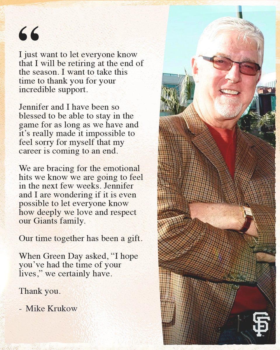 Statement from Giants Broadcaster Mike Krukow