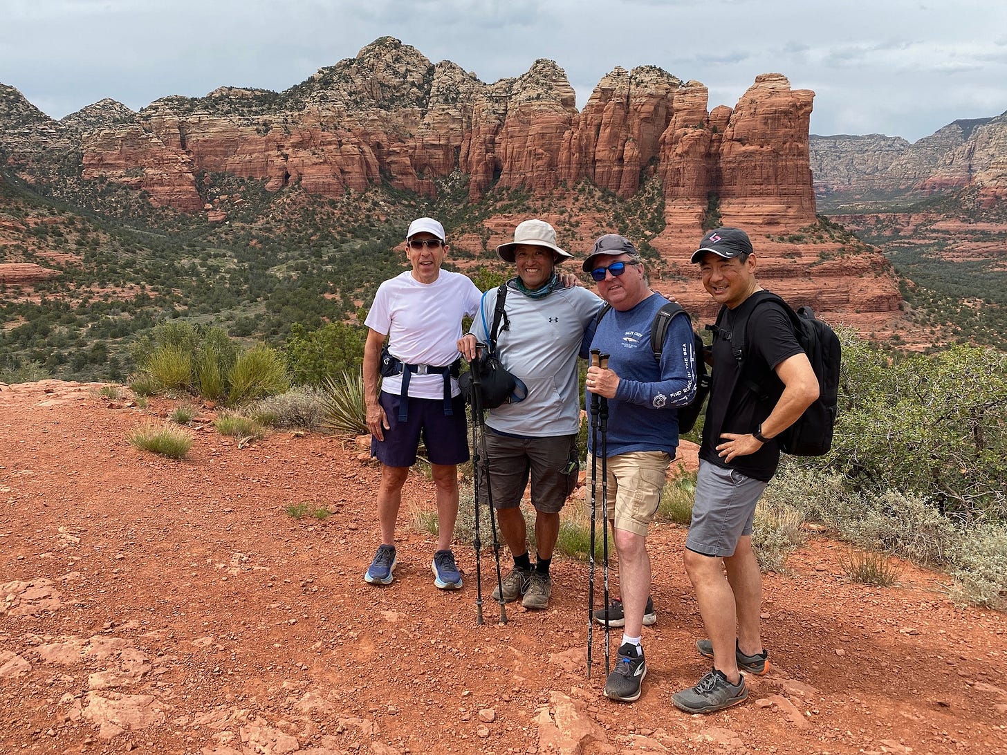 Photo of Larry Stein, Kent Kawahara, Wayne Fenton, and Stephen Pao at Sugarloaf Loop Summit in Sedona AZ