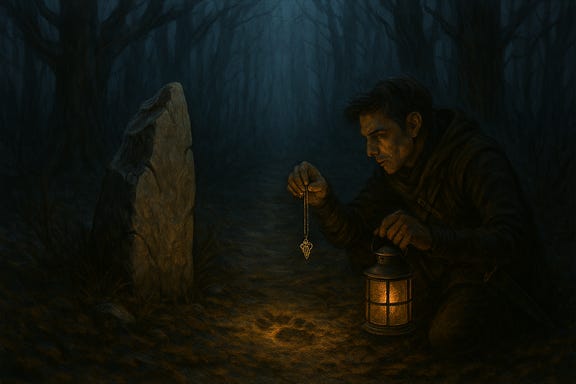 Two stones flank the trail—half-swallowed by earth, jagged like broken teeth. Ancient markers. Worn smooth by time and dread.