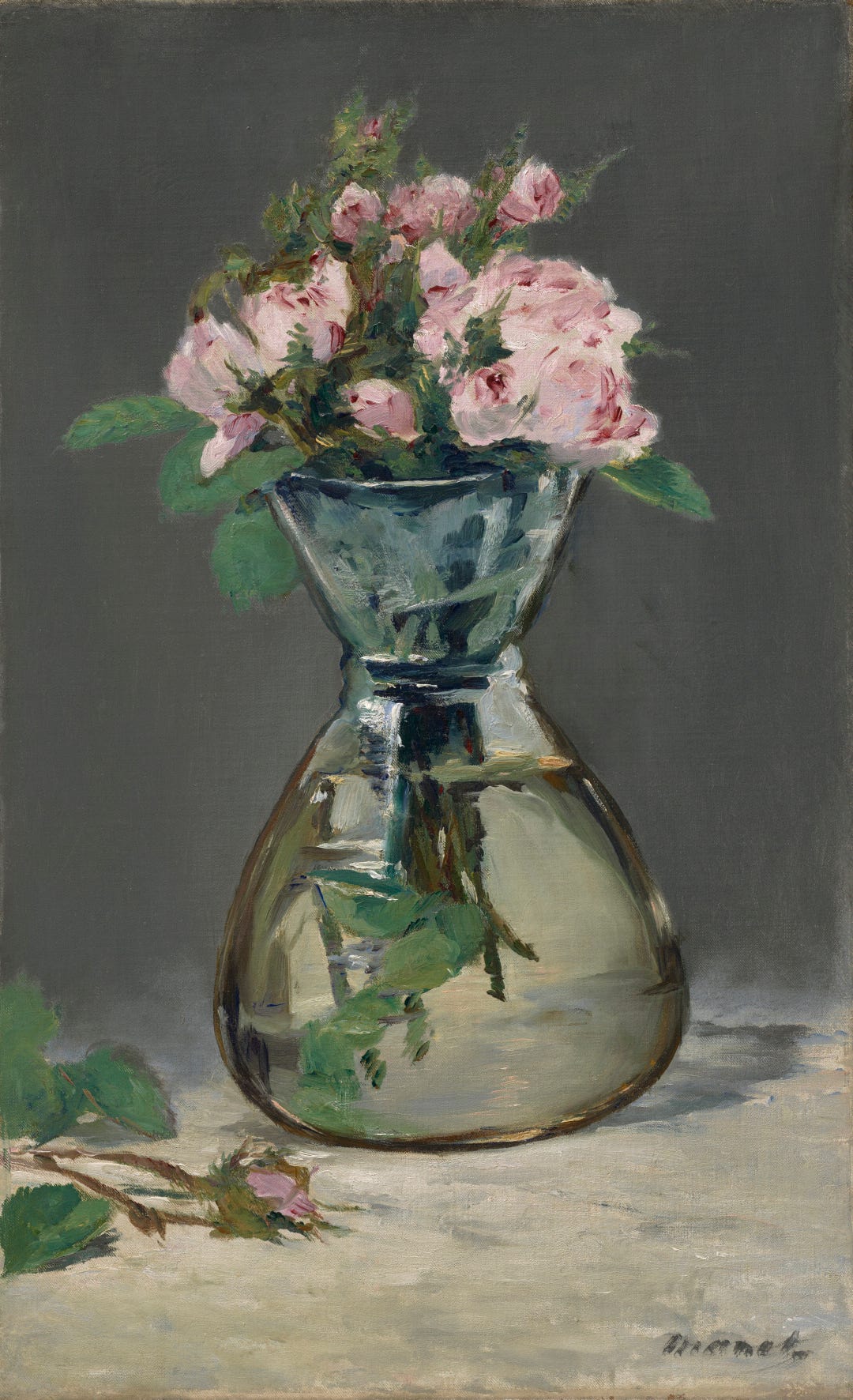 A few loose roses in a clear glass of water, painted in quick fresh strokes A few loose roses in a clear glass of water, painted in quick fresh strokes