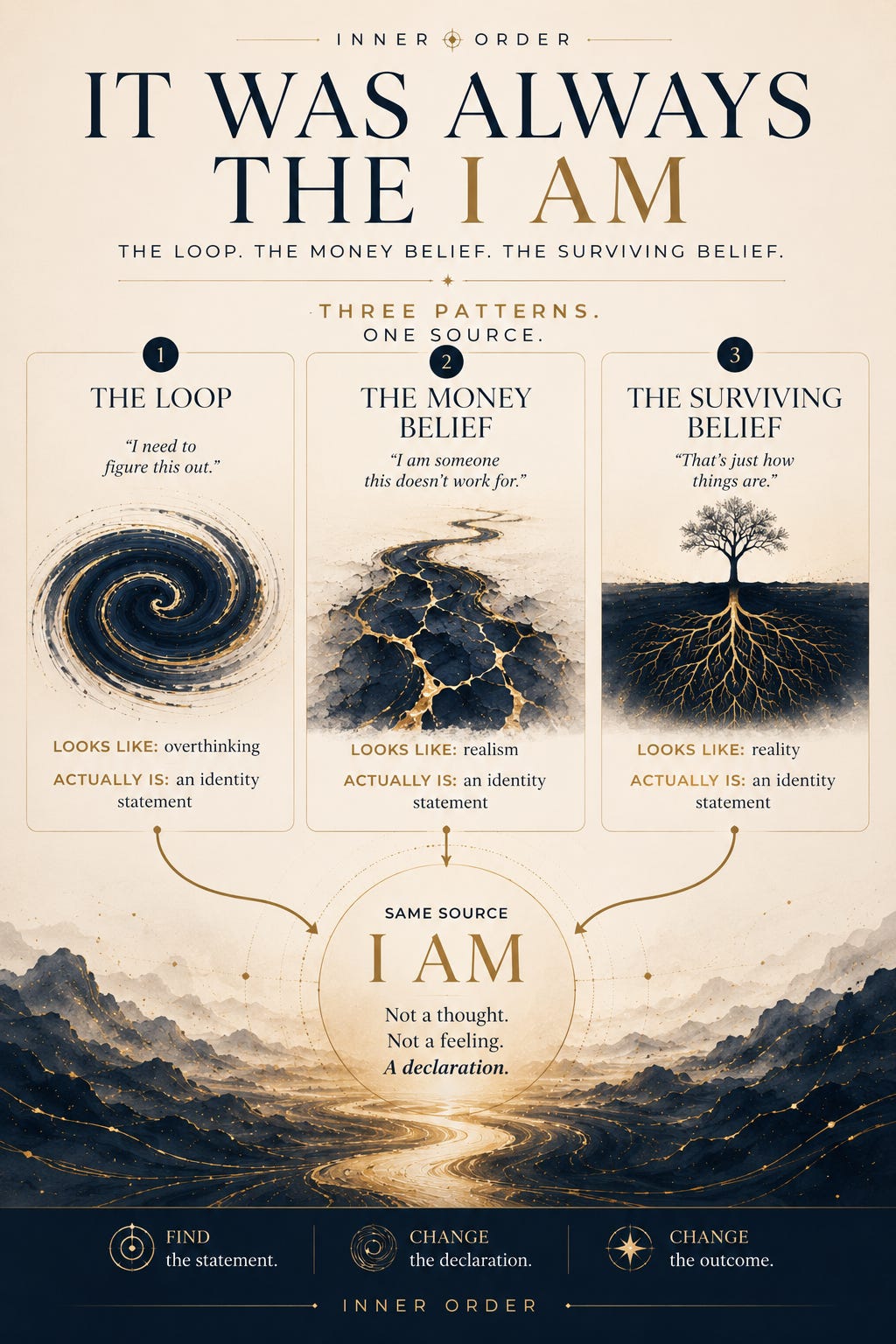 Vertical infographic in a cream, navy, and gold editorial style. The title at the top reads, “It Was Always the I AM,” with the subtitle, “The Loop. The Money Belief. The Surviving Belief.” Three illustrated panels sit beneath the heading. The first panel features a navy spiral representing overthinking and is labeled “The Loop.” The second shows a fractured navy pathway with gold seams and is labeled “The Money Belief.” The third shows a tree with visible roots beneath the surface and is labeled “The Surviving Belief.” Each panel explains that what appears to be a problem is actually an identity statement. Arrows from all three panels point toward a large central circle labeled “I AM,” described as not a thought or feeling, but a declaration. A glowing gold river and navy landscape flow beneath the circle. The footer contains three steps: “Find the statement,” “Change the declaration,” and “Change the outcome,” framed within the Inner Order navy and gold visual system.