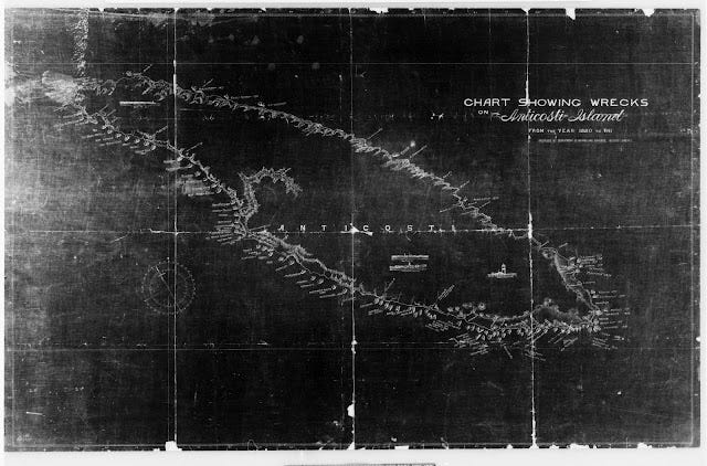 map showing wrecks on Anticosti Island