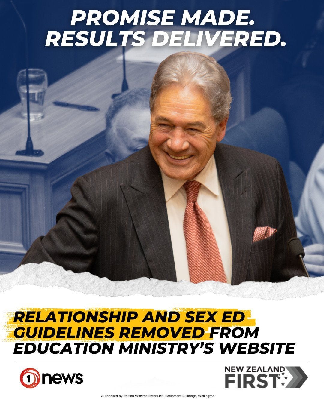 May be an image of 1 person and text that says "PROMISE MADE. RESULTS DELIVERED. RELATIONSHIP AND 新健 SEX ED- GUIDELINES REMOVED FROM EDUCATION MINISTRY'S WEBSITE news httpwewewwwwe Peners Authorisedby Winston NEW ZEALAND FIRST"